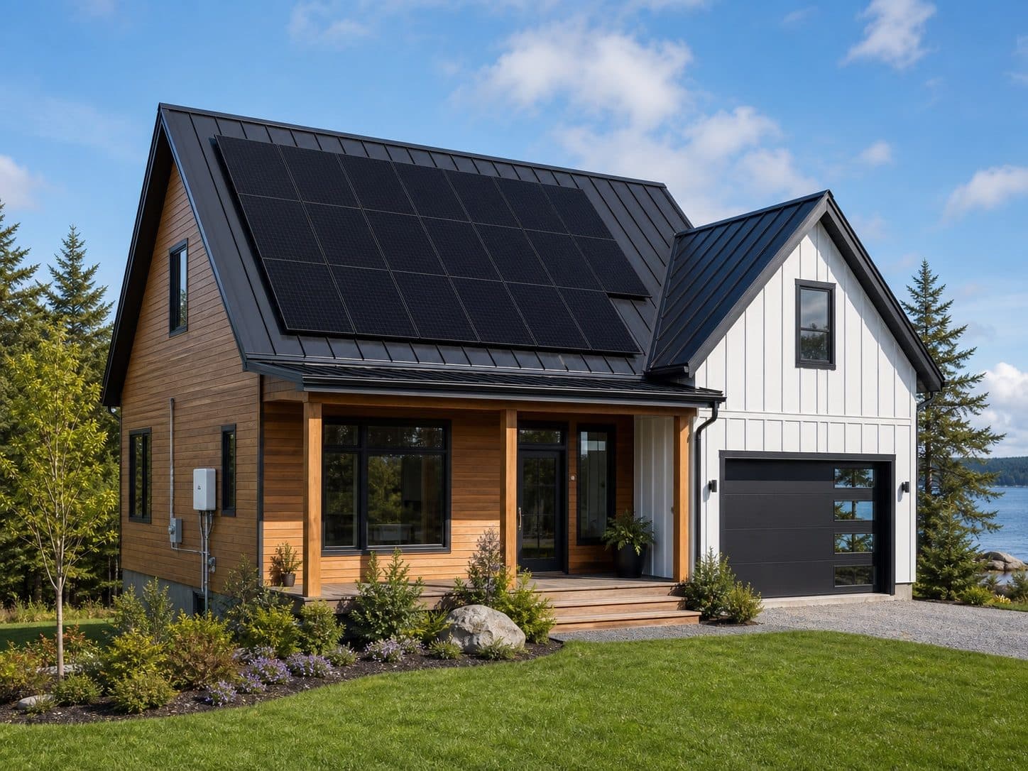 A cedar-sided Nova Scotia home with rooftop solar panels